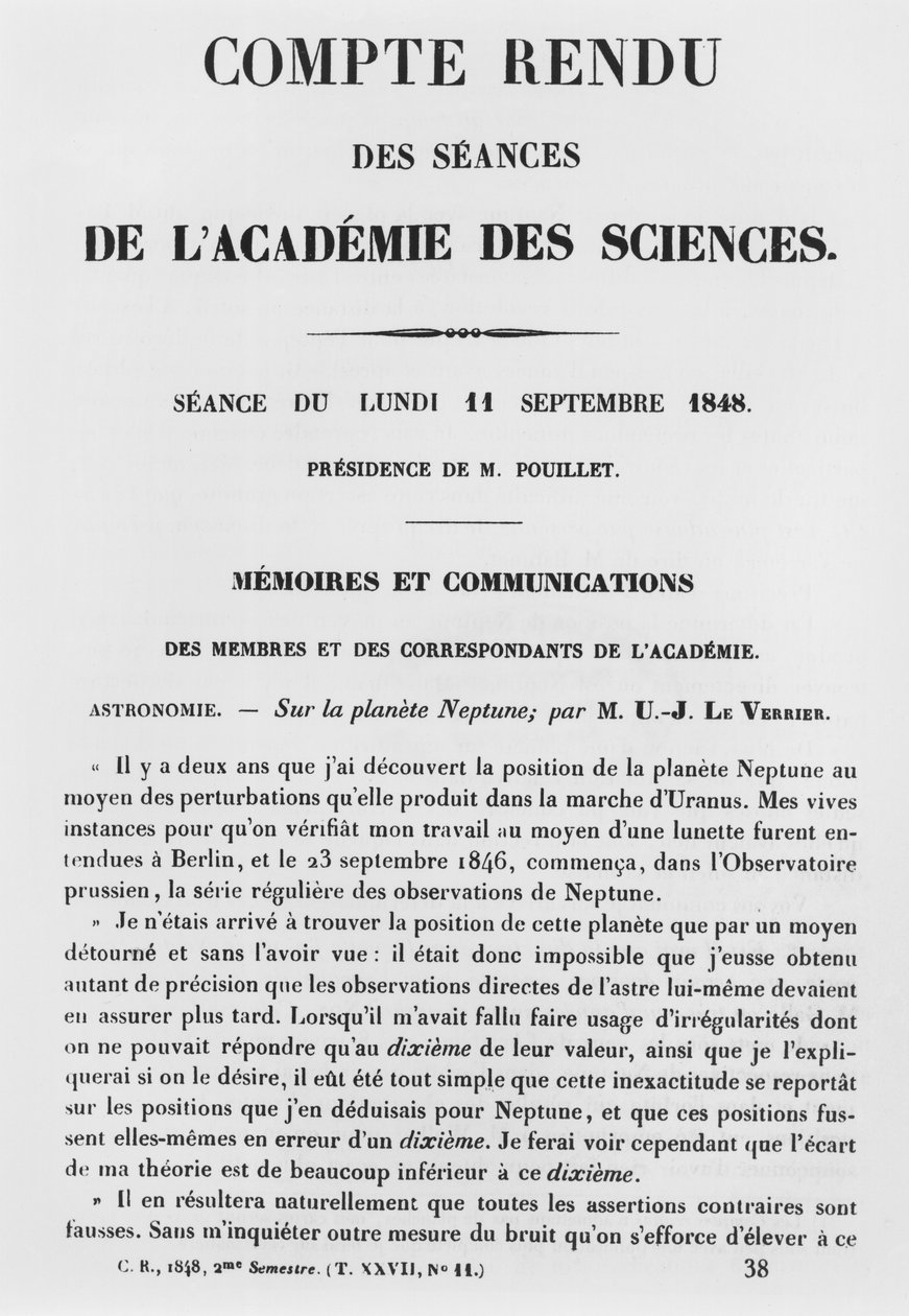 Zpráva o zasedáních na Academie des Sciences od Jean Joseph Le Verrier (1811-77) na planetě Neptun, 11. září 1848 od French School