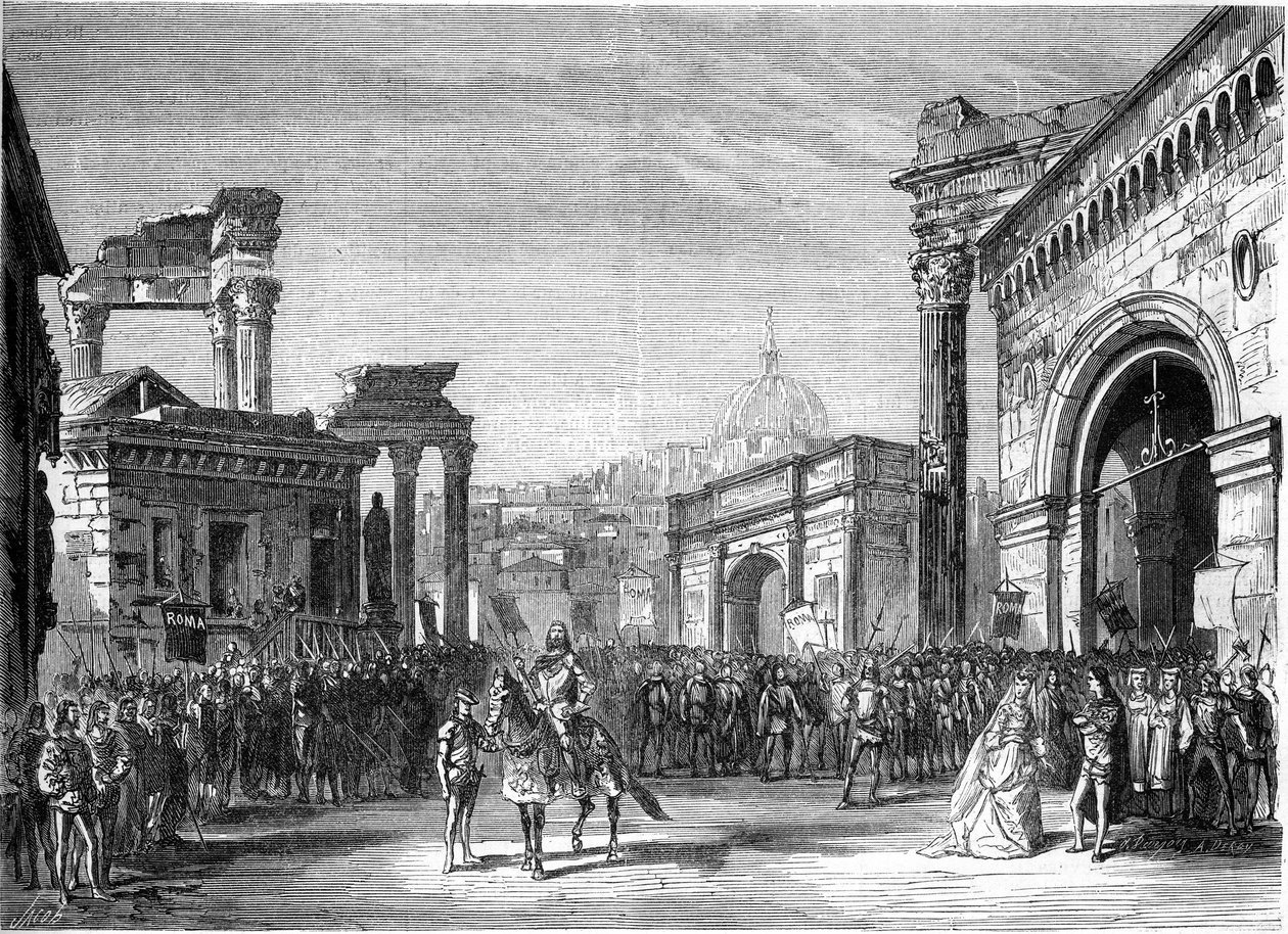 Znázornění opery: "Rienzi" od Richarda Wagnera (1813-1883). Scéna z aktu III (Fórum). Paříž, Lyrické divadlo od French School