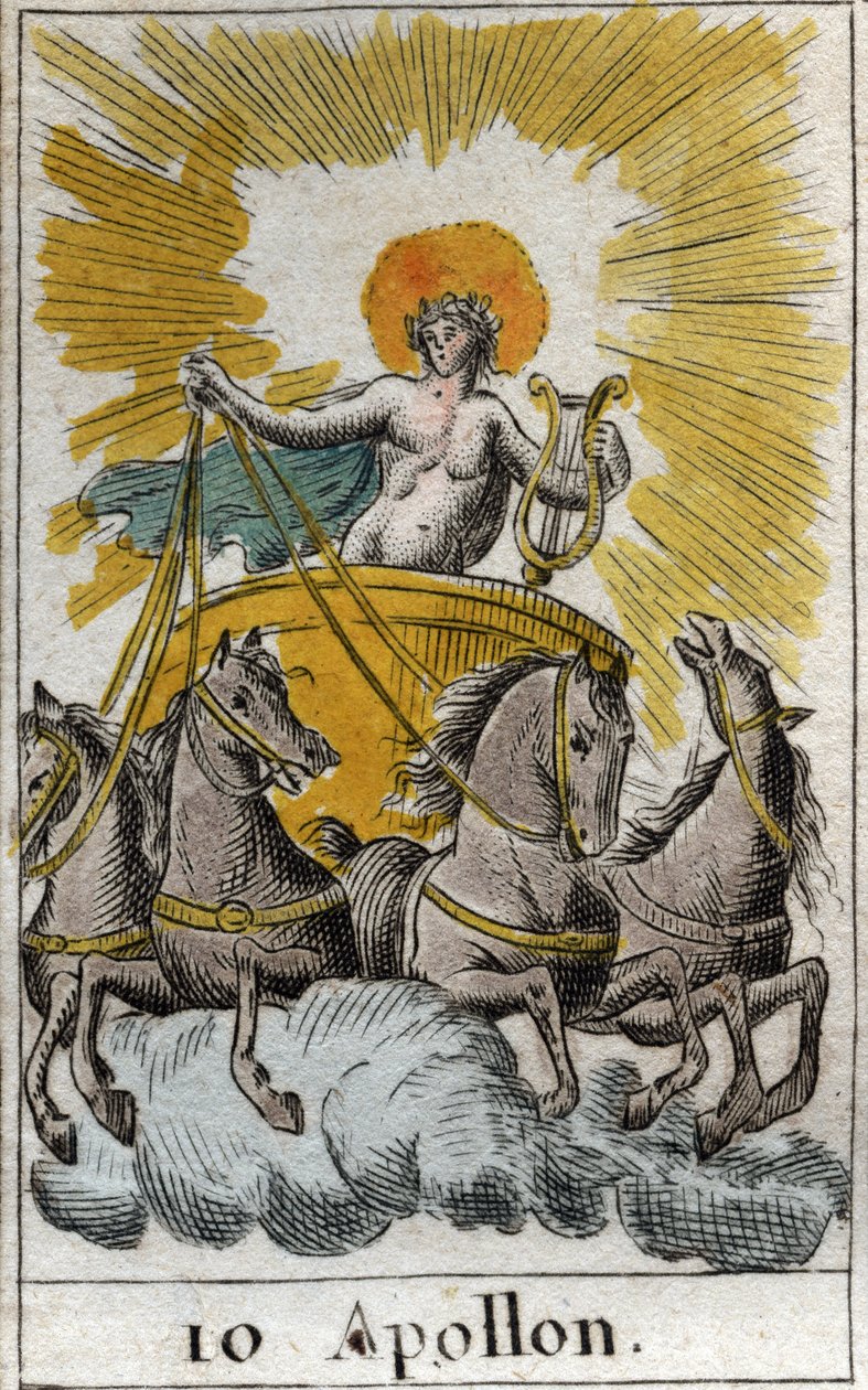 Znázornění Apollóna, boha zpěvu, hudby a poezie, na jeho voze (Apollo, Bůh světla, hudby, poezie). Z „Mytologie mládí“ od Pierra Blancharda 1803. od French School