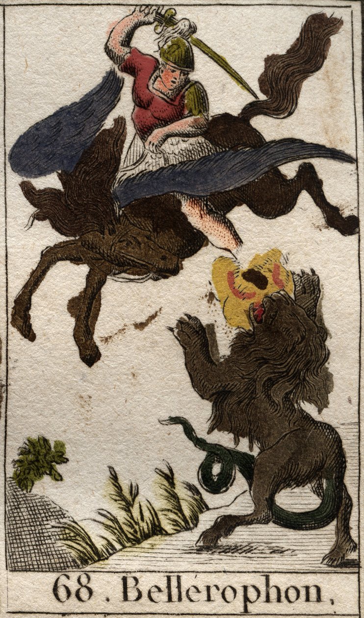 Reprezentace Bellerophona, jízda na Pegase, zabíjení chiméry (reprezentace Bellerophona, na Pegasovi, kopí Chiméru). Z „Mytologie mládí“ od Pierra Blancharda 1803. od French School