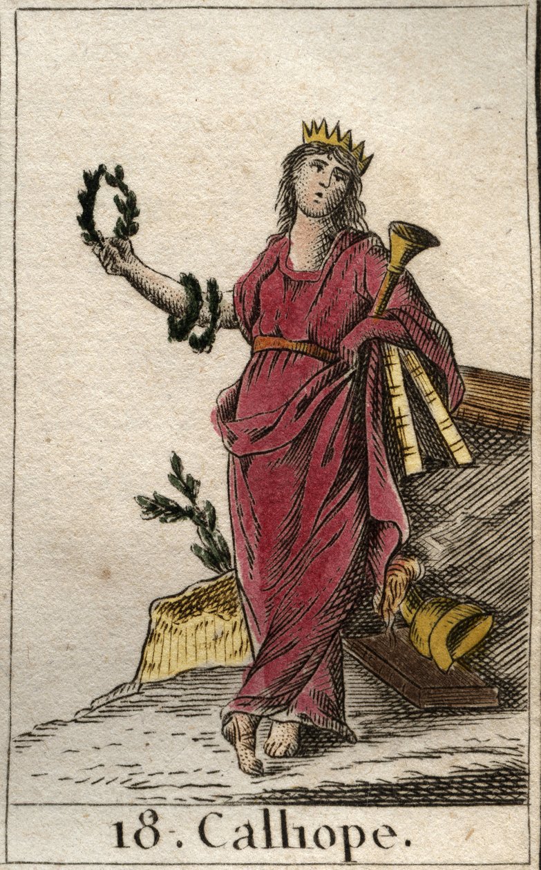 Představení Calliope, múzy epické poezie, v ruce drží korunu a trubku epopeje (Reprezentace Calliope, Múza hrdinské poezie). Z „Mytologie mládí“ od Pierra Blancharda 1803. od French School