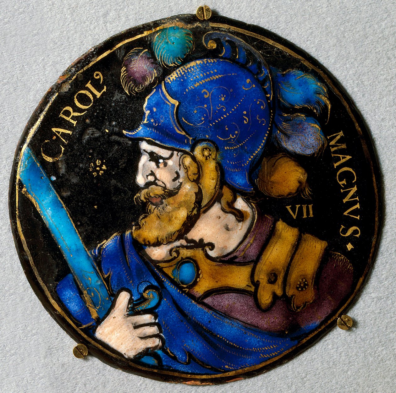 Zastoupení Karla Velikého (Karel I. Veliký) (742 - 814), krále Francie. Medailon v e-mailu z Limoges 16. století. Poslouchejte, Národní muzeum renesance od French School