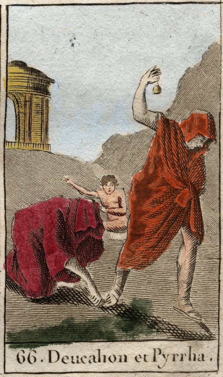Reprezentace Deucaliona a Pyrrhy, kteří jako jediní přežili po potopě způsobené Zeusem, aby zničil lidskou rasu. Themis je po potopě požádá, aby chodili s hlavou pokrytou tím, že za ně hodí kosti své matky (kameny Země) (Re od French School
