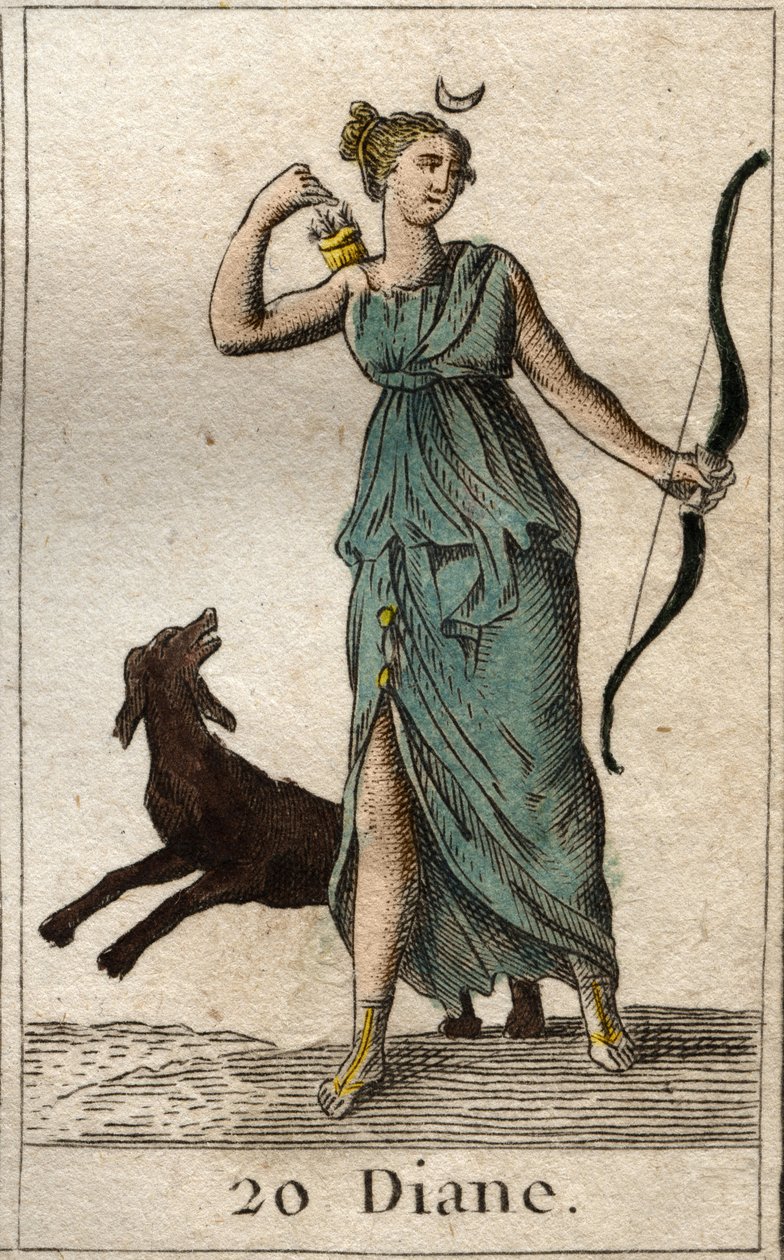 Reprezentace Diany, bohyně lovu, drží luk a šípy (Reprezentace Diany, bohyně lovu). Z „Mytologie mládí“ od Pierra Blancharda 1803. od French School