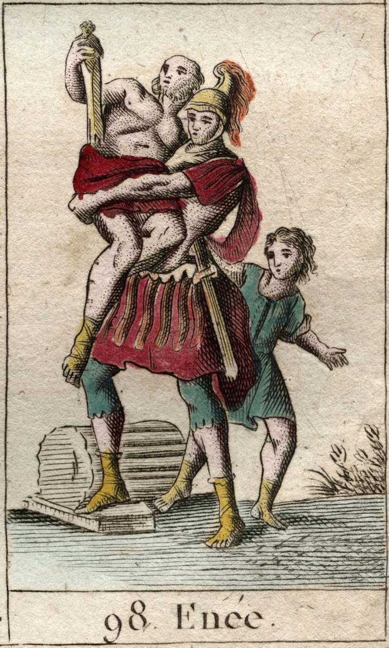 Reprezentace Enee během útěku z Tróje, kterou zajali Řekové, nesoucí na ramenou svého otce Anchise, následovaného svým synem Ascagnem jako dítě. (Aeneas prchá pryč z Tróji vypleněný Řeky, nese Anchise na zádech a následuje jeho od French School