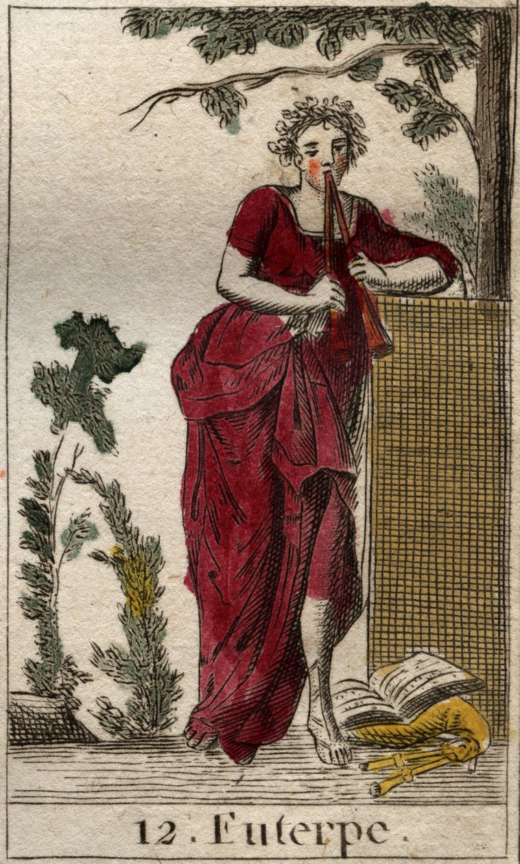 Znázornění Euterpe, múzy hudby, obklopená hudebními knihami a hrající na dvojitou flétnu (aulos) (Euterpe, múza hudby, zobrazující držení dvojité flétny (aulos)). Z „Mytologie mládí“ od Pierra Blancharda 1803. od French School