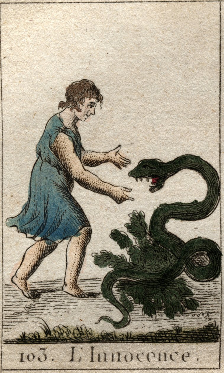 Representation of Innocence, jako dítě krmící nebezpečného hada. Z „Mytologie mládí“ od Pierra Blancharda 1803. od French School