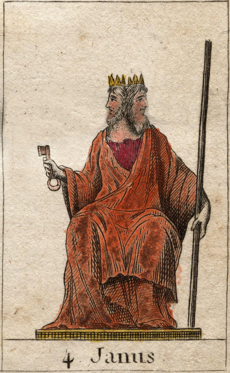 Znázornění Januse, božstva počátku a průchodů, je reprezentován dvěma tvářemi (Janus (nebo Ianus) je bůh bran, dveří, začátků a konců, zastoupený dvěma tvářemi a klíčem). Z „Mytologie mládí“ od Pierra Blancharda 1803. od French School