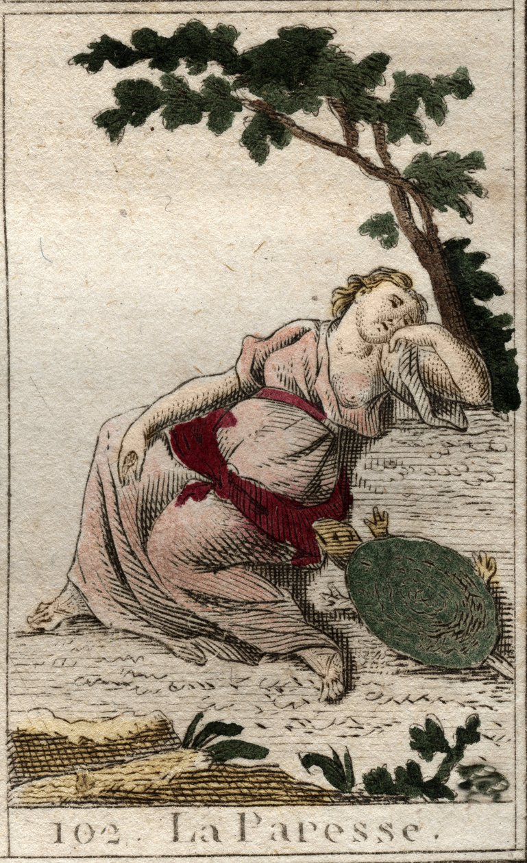 Představení lenosti, dcery Noci a spánku jako mladý muž s želvou. Z „Mytologie mládí“ od Pierra Blancharda 1803. od French School