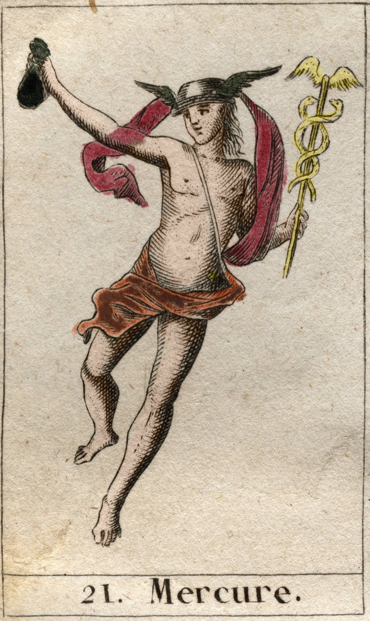 Reprezentace Merkura, boha obchodu, cestování a posla jiných bohů. Drží caduceus a nosí petase (Merkur, bůh obchodu a posel ostatních bohů, drží caduceus a nosí petasos). Z „Mytologie mládí“ od Pierra Bla od French School