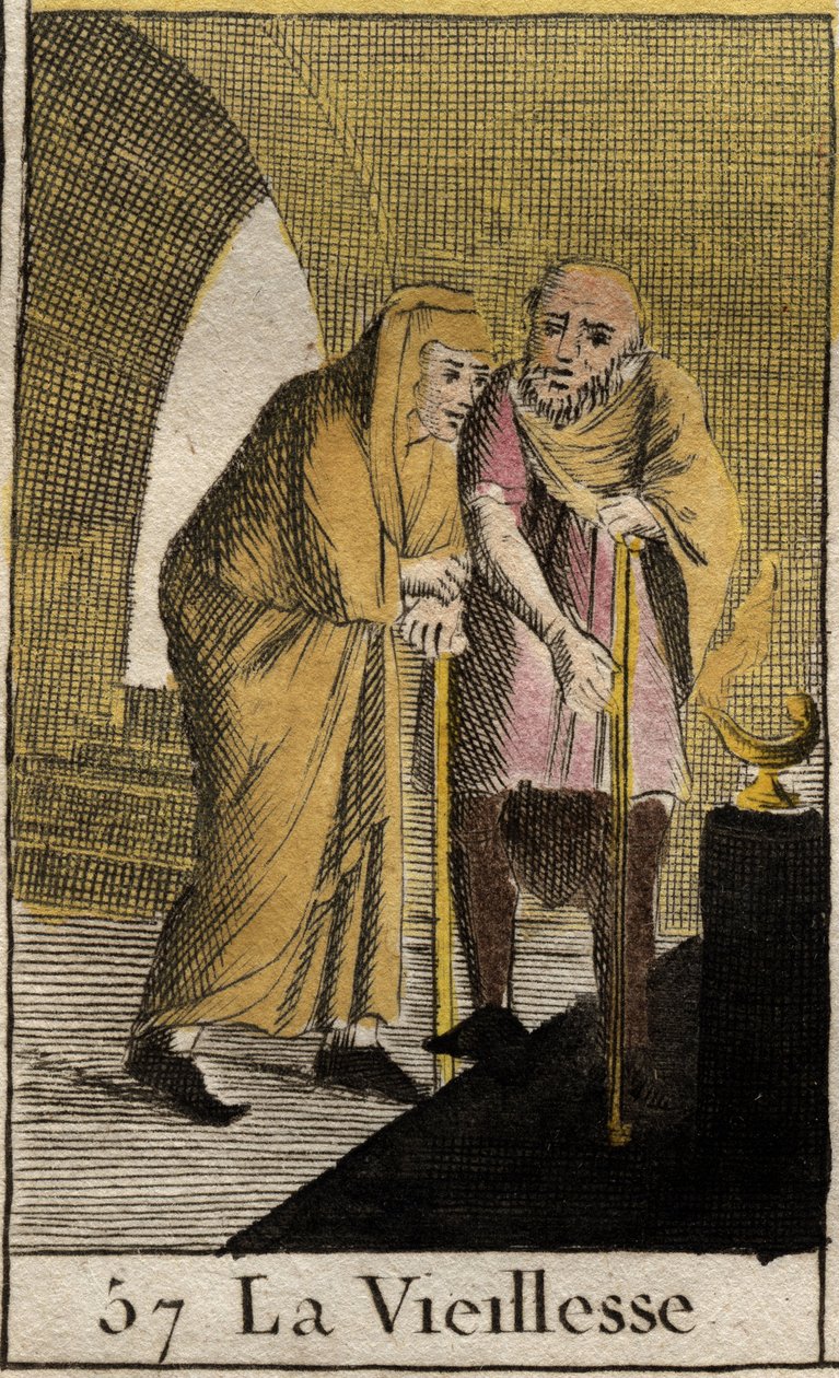 Reprezentace stáří, stará žena opřená o hůl. (Reprezentace stáří, ona spočívá na palici). Z „Mytologie mládí“ od Pierra Blancharda 1803. od French School