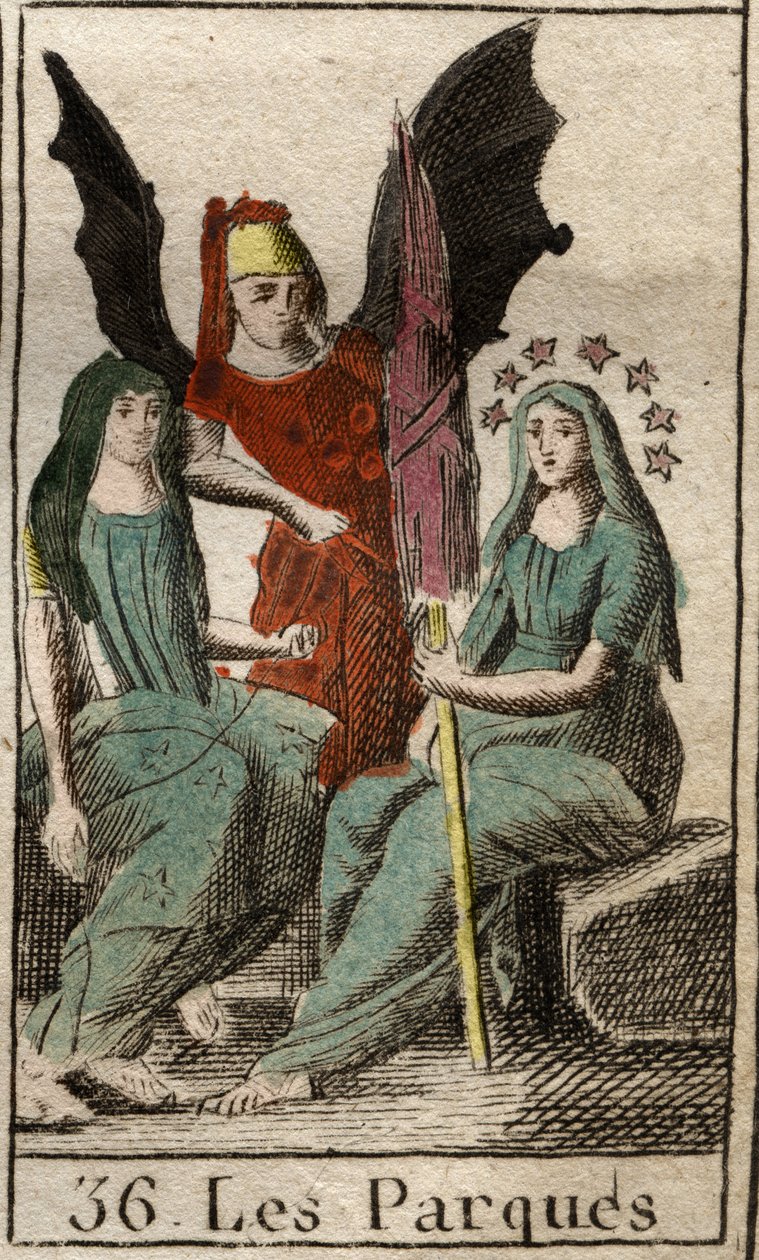 Znázornění Parques (Cabinets), Clotho, Lachesis a Atropos, božstev lidského údělu, od narození do smrti, jako pradící se velmi staré ženy. (Parcae, Clotho, Lachesis a Atropos, personifikace lidského údělu, reprezentované jako předení stařeny). Z od French School
