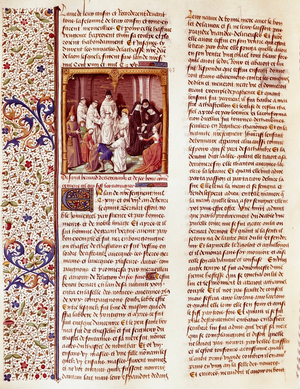 Vyobrazení dítěte svatého Bernarda z Clairvaux (San Bernardo di Chiaravalle) (1090-1153). Je uprostřed obrazu, nad hlavou má aureolu. Miniatura v "Le miroir historial" (Speculum Historiale) (ms. 1196, fol. 372) od Vincenta de Beauva. od French School