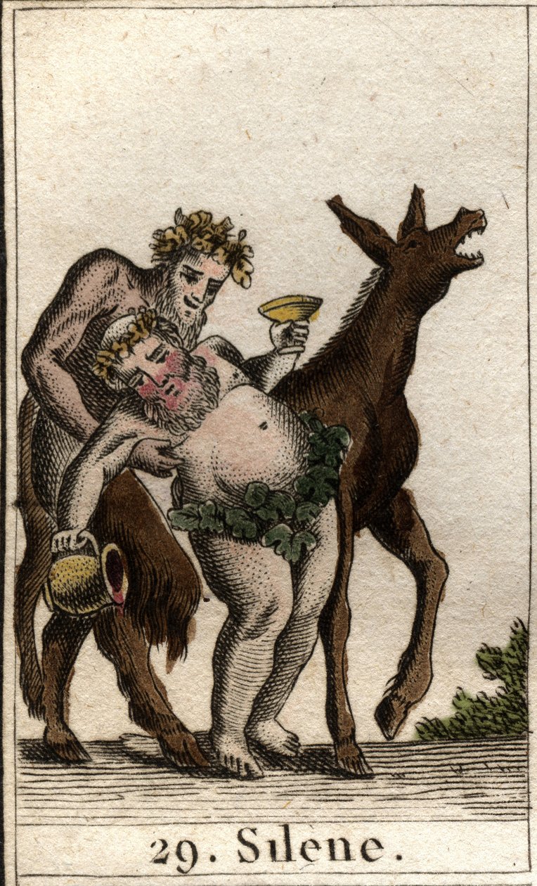 Reprezentace Silene, společnice Baccha, opilá, podporovaná satyrem. (Přítel Baccha Silena, opilý, podporovaný mladým satyrem). Z „Mytologie mládí“ od Pierra Blancharda 1803. od French School