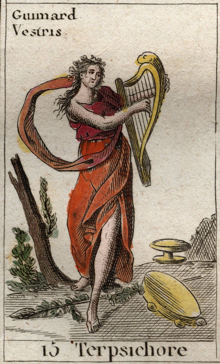 Reprezentace Terpsichore, múzy tance, hraje na lyru (Reprezentace Terpsichore, Múza tance, drží lyru). Z „Mytologie mládí“ od Pierra Blancharda 1803. od French School