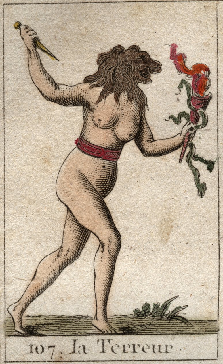 Reprezentace Terroru, jako žena se lví hlavou, držící nůž a hady. Z „Mytologie mládí“ od Pierra Blancharda 1803. od French School