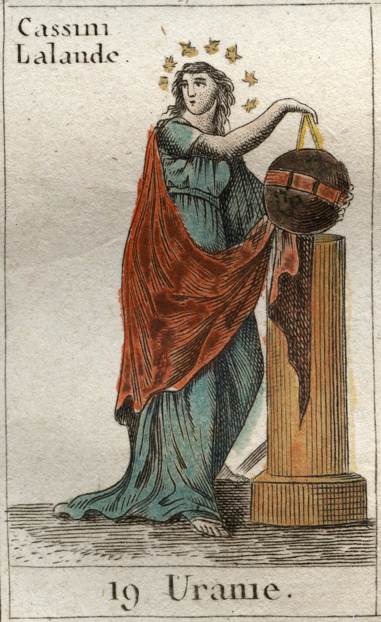 Reprezentace Uranie, múza astronomie a astrologie, drží glóbus a kompas. Z „Mytologie mládí“ od Pierra Blancharda 1803. od French School