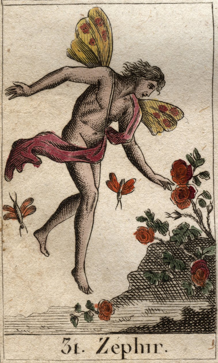 Reprezentace Zephyra, personifikace západního větru. (Zephyrus (nebo Zephyr) zosobnění západního větru). Z „Mytologie mládí“ od Pierra Blancharda 1803. od French School