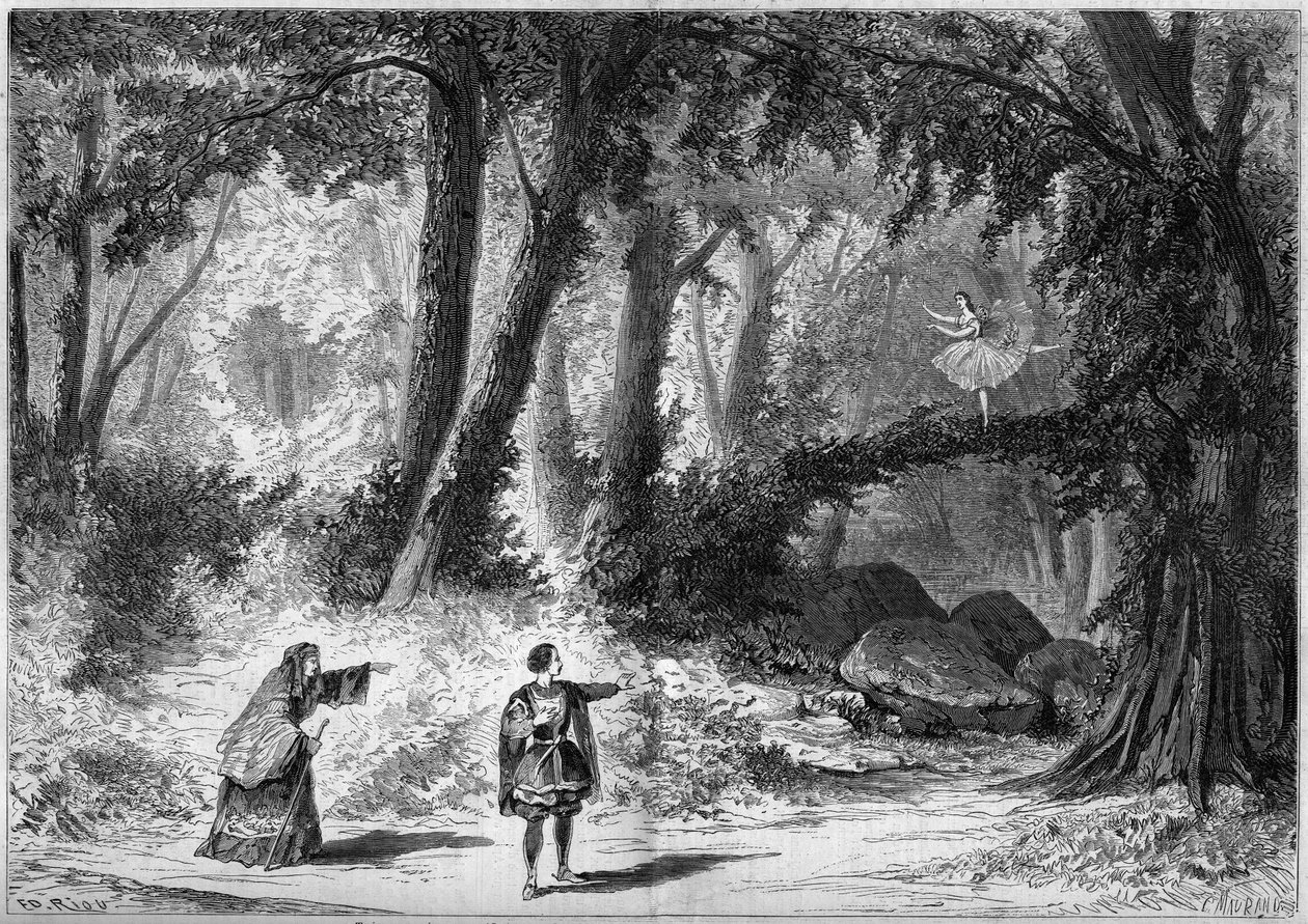 Znázornění baletu: Scénografie 1. dějství, scéna 2 „The Papillon“ od Jacquese Offenbacha (1819-1880). Dekor od Desplechin. Paříž, divadlo Imperial de l