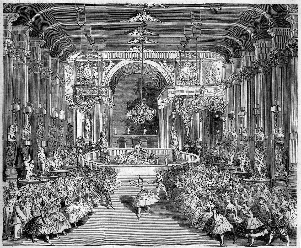 Znázornění baletu: Casino of Messina, scénografie prvního jednání „Hvězdy Messiny“ na hudbu Nicola Gabrielliho (1814-1891). Dekor realizoval Edouard Desplechin. Paříž, Theatre de l