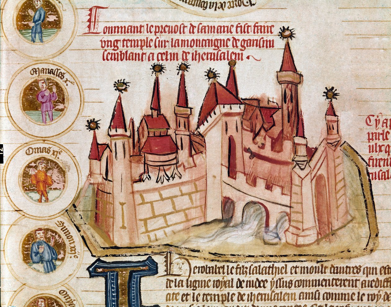 Vyobrazení opevněného města podobného Jeruzalému Stránka převzatá z rukopisu francouzské školy "Genealogie de la Bible". 14. století Cremone, biblioteca governativa od French School