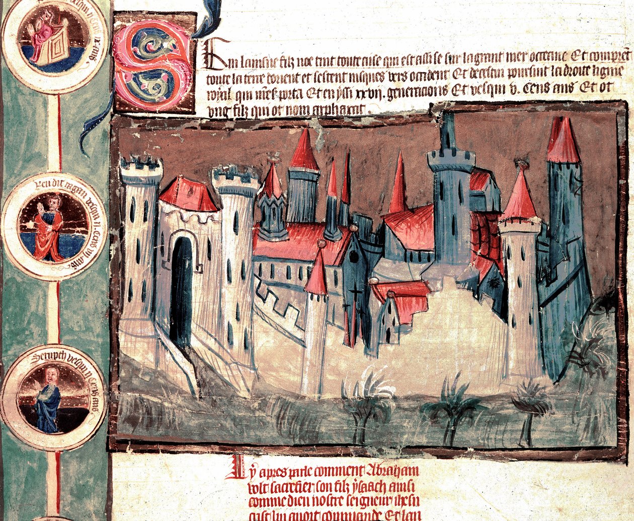 Zastoupení opevněného města v regionu Štrasburk. Miniatura na svitku pergamenu „“Genealogie Bible““ (ms.199) Cremone ze 14. století, Biblioteca Governativa od French School