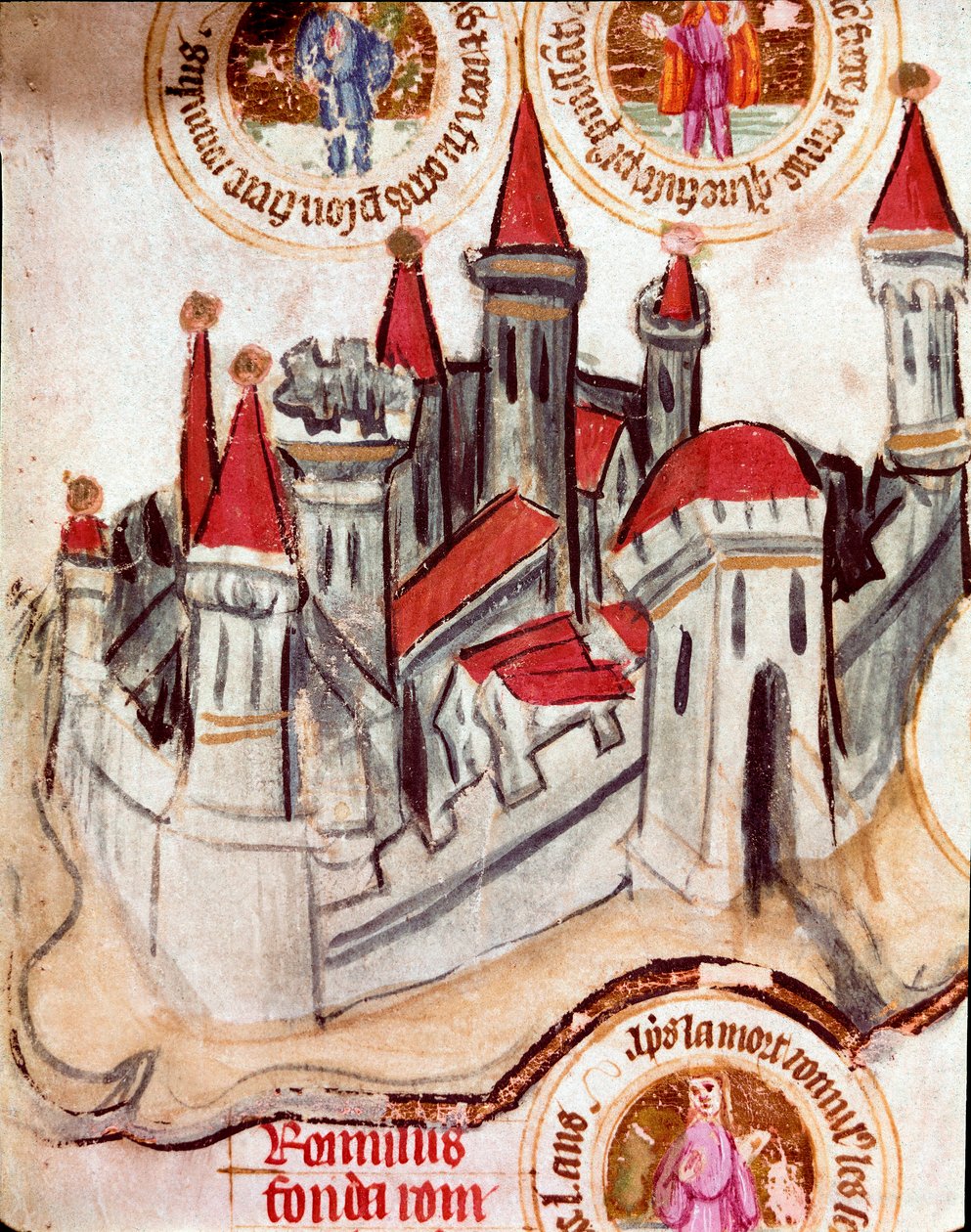 Vyobrazení opevněného města v oblasti Štrasburku. Miniatura na pergamenovém svitku "Genealogie Bible" (ms.199) 14. století Cremone, Biblioteca Governativa od French School