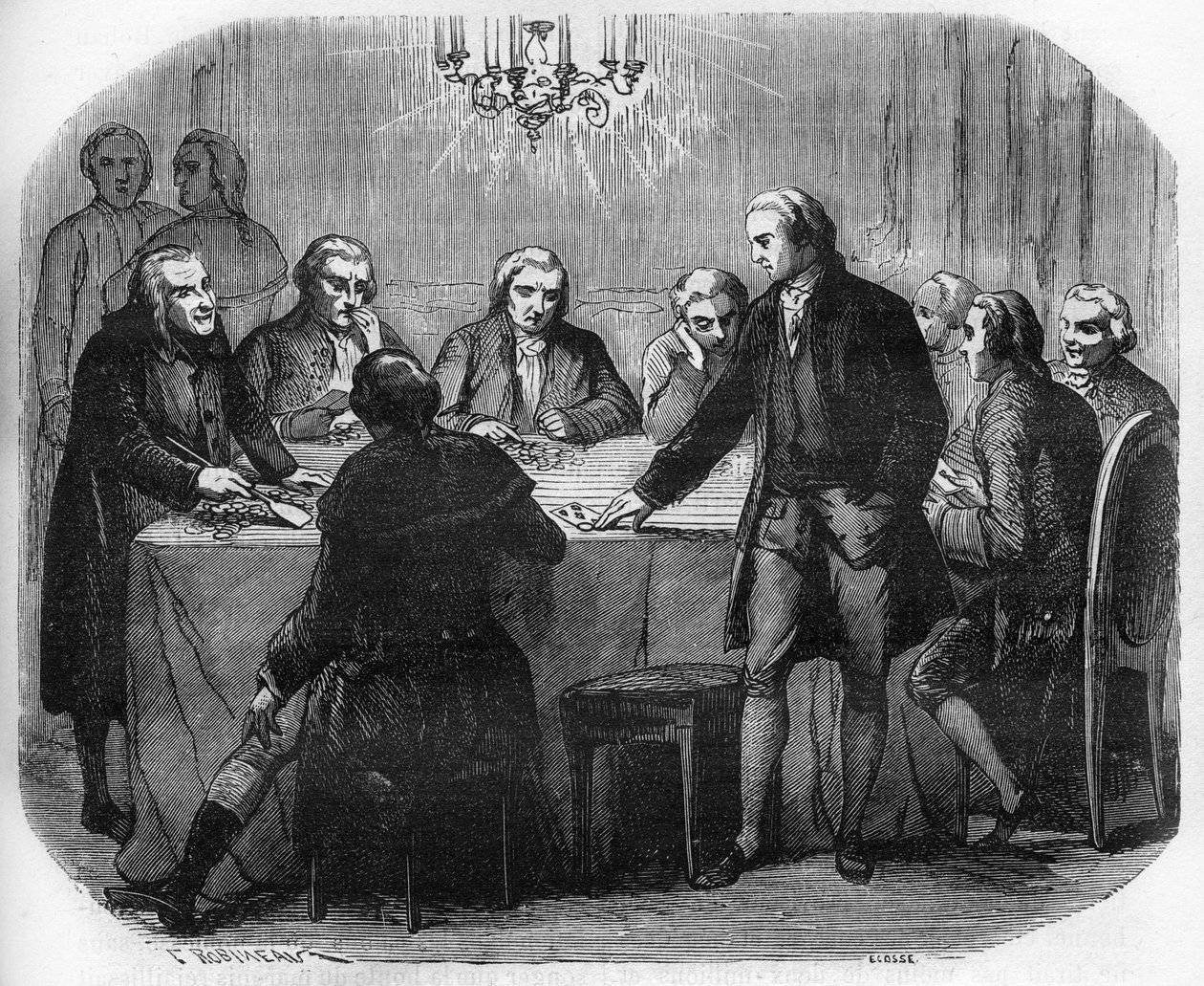 Zastoupení herny za Ludvíka XV. Rytina do „Historie prostituce a zhýralosti mezi všemi národy světa od starověku po současnost“ od Dr. Th. -F. Debray od French School