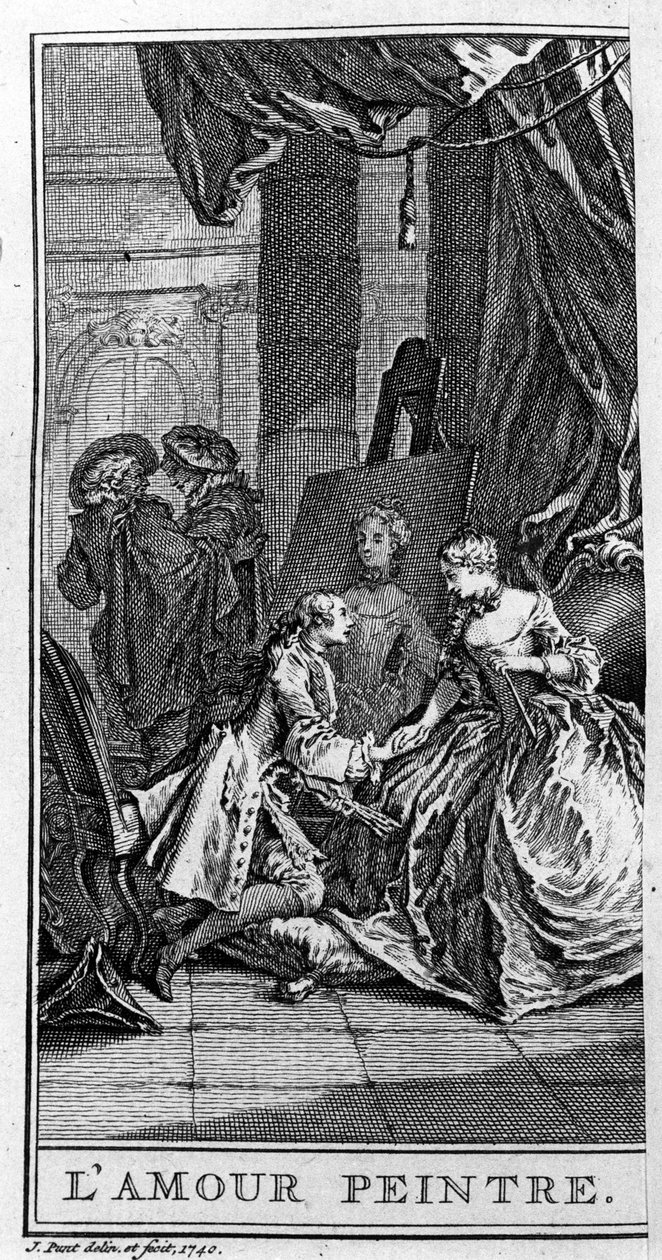 Znázornění scény z díla „Le Sicilien ou l’amour painter““ od Jeana Baptista Poquelina dit Moliere (1622-1673). Rytina z roku 1740. od French School