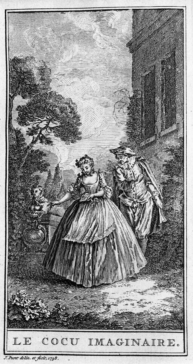 Znázornění scény z díla „Sganarelle ou le paroháč imaginaire““ (1660) od Jeana Baptista Poquelina dit Moliere (1622-1673). Rytina z roku 1738. od French School
