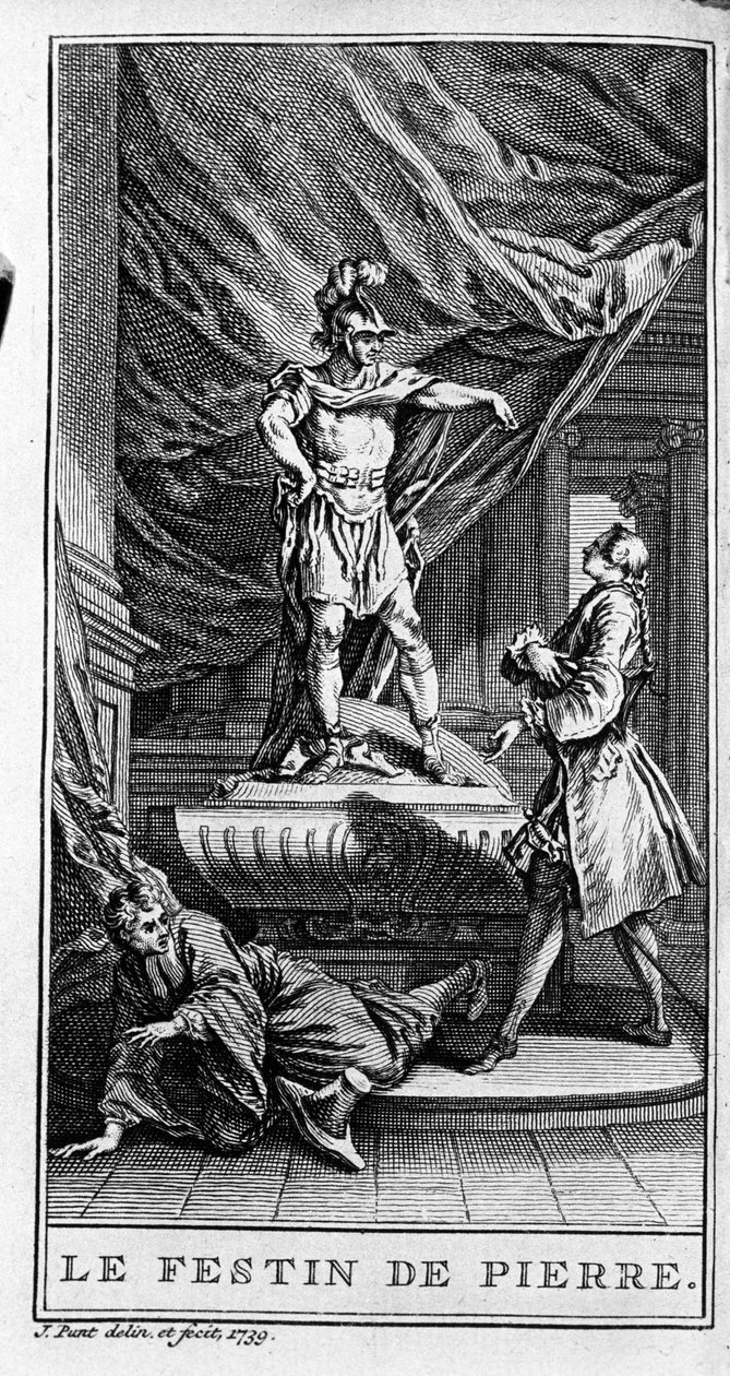 Znázornění scény z díla „Dom juan ou le fen de Pierre“ (1665) od Jeana Baptista Poquelina dit Moliere (1622-1673). Rytina z roku 1739. od French School