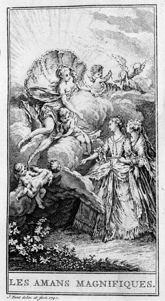 Znázornění výjevu z díla „Les lovers magnificients““ (1670) od Jeana Baptista Poquelina dit Moliere (1622-1673). Rytina z roku 1740. od French School