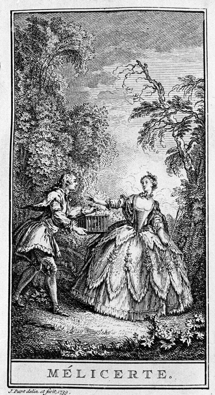 Znázornění scény díla „“Melicerte““ (1666) od Jean Baptiste Poquelin dit Moliere (1622-1673). Rytina z roku 1739. od French School