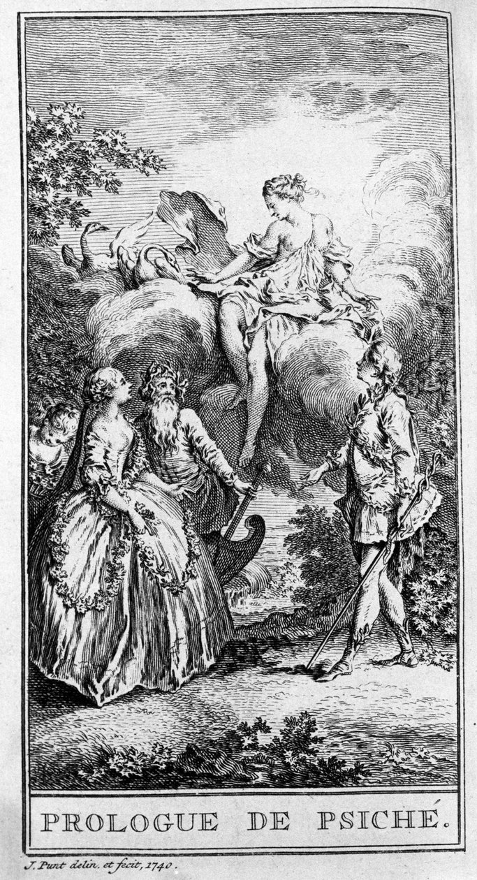 Znázornění scény kusu “”Prologue de Psyche”” od Jeana Baptista Poquelin dit Moliere (1622-1673). Rytina z roku 1740. od French School
