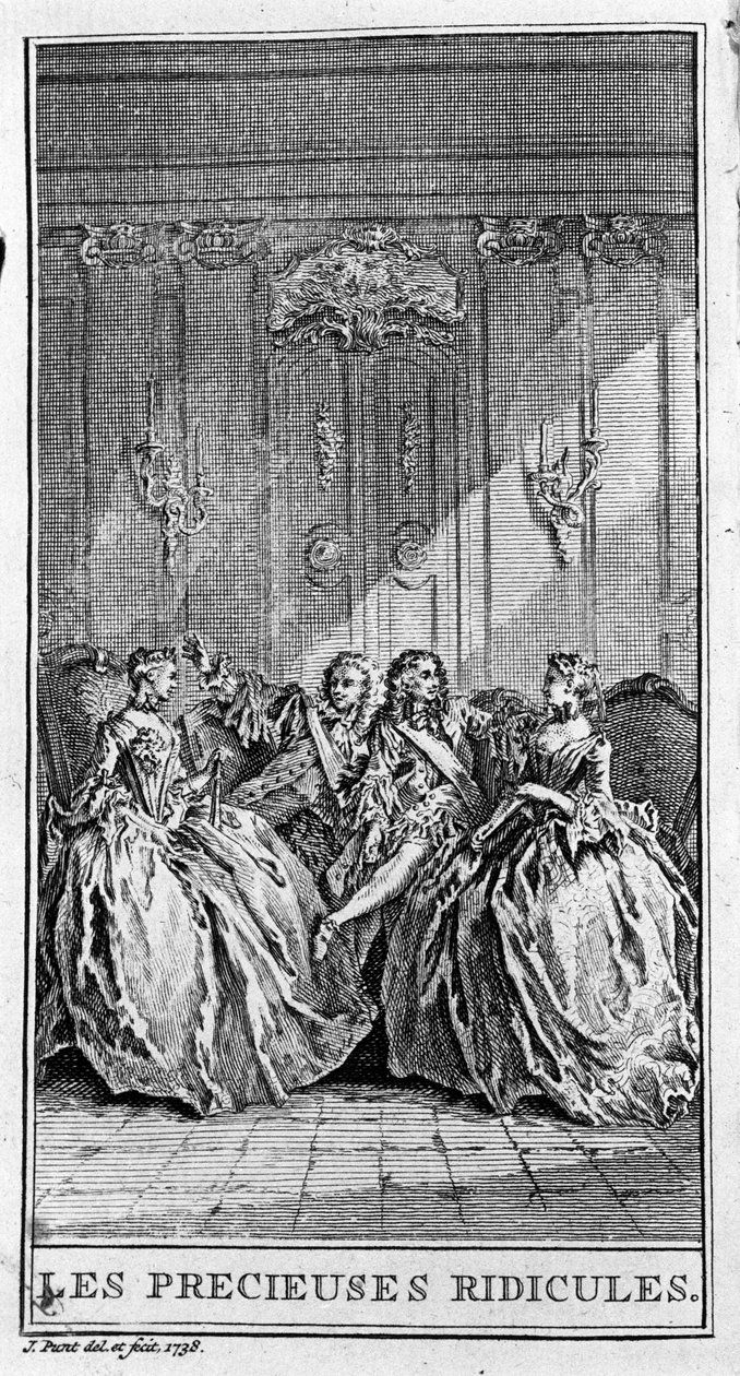 Znázornění scény díla „“drahocenné zesměšňování“ (1659) Jeana Baptista Poquelina dit Moliere (1622-1673). Rytina z roku 1738. od French School