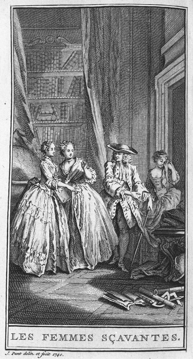 Znázornění scény hry „Les femmes savantes“ (1672) Jeana Baptista Poquelina dit Moliere (1622-1673). Rytina z roku 1740. od French School