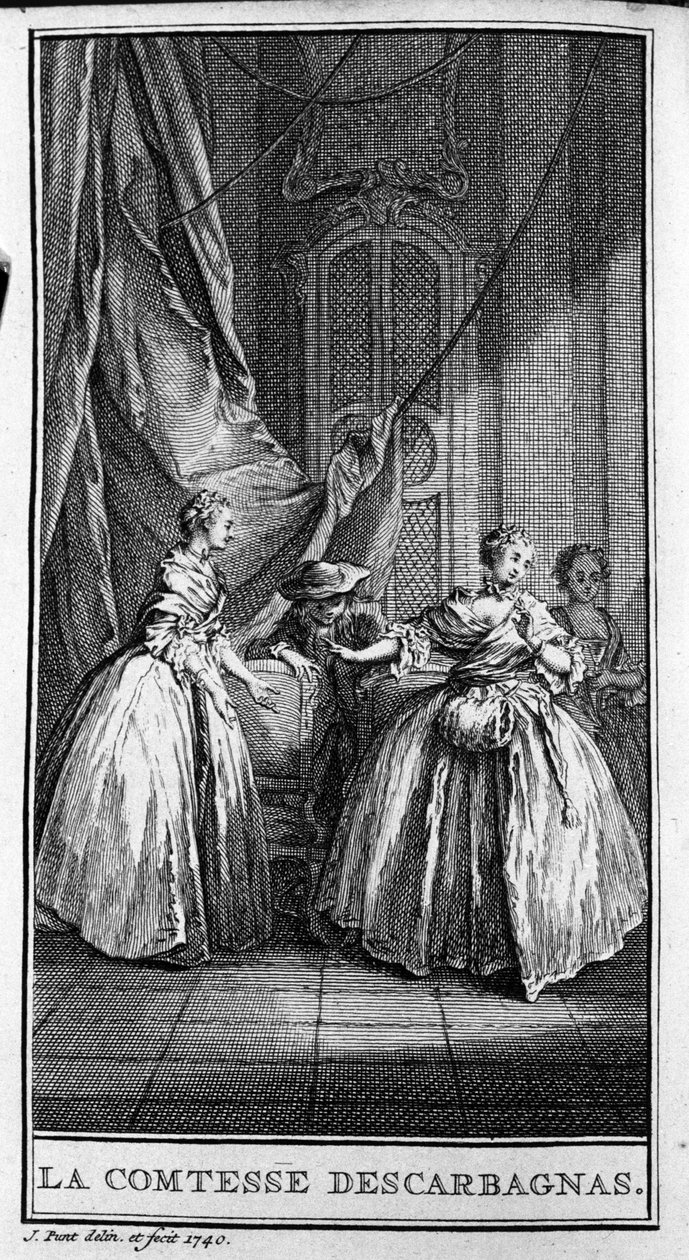 Znázornění scény hry „Hraběnka z Escarbagnas“ (1671) od Jeana Baptista Poquelina dit Moliere (1622-1673). Rytina z roku 1740. od French School