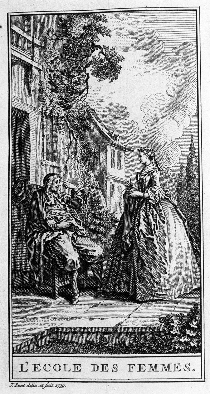 Znázornění scény hry „Škola žen“ (1662) Jeana Baptista Poquelina dit Moliere (1622-1673). Rytina z roku 1739. od French School