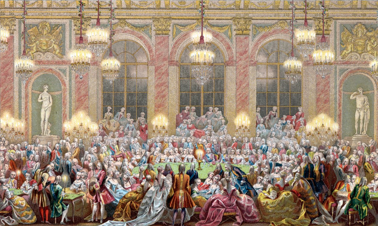 Reprezentace zasedání „“ Jeu du roi““ na dvoře krále Ludvíka XV., králova hra od French School