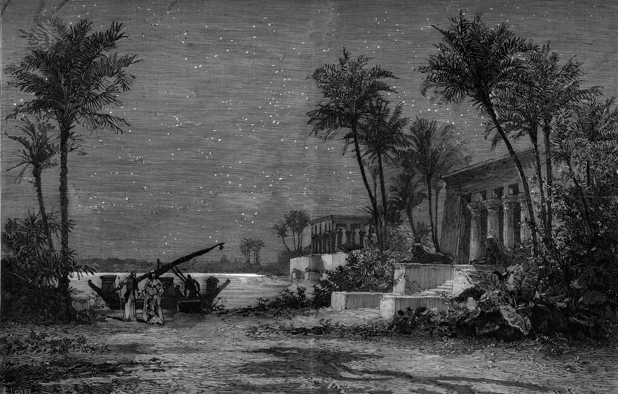 Reprezentace opery: „“Aida““ od Giuseppe Verdiho (1813-1901). Břehy Nilu (3. dějství). Dekor od Jean Louis Cheret (1820-1882). Rytina od Scotta v „“ Le Monde Illustré““ č. 1201 z 3. dubna od French School