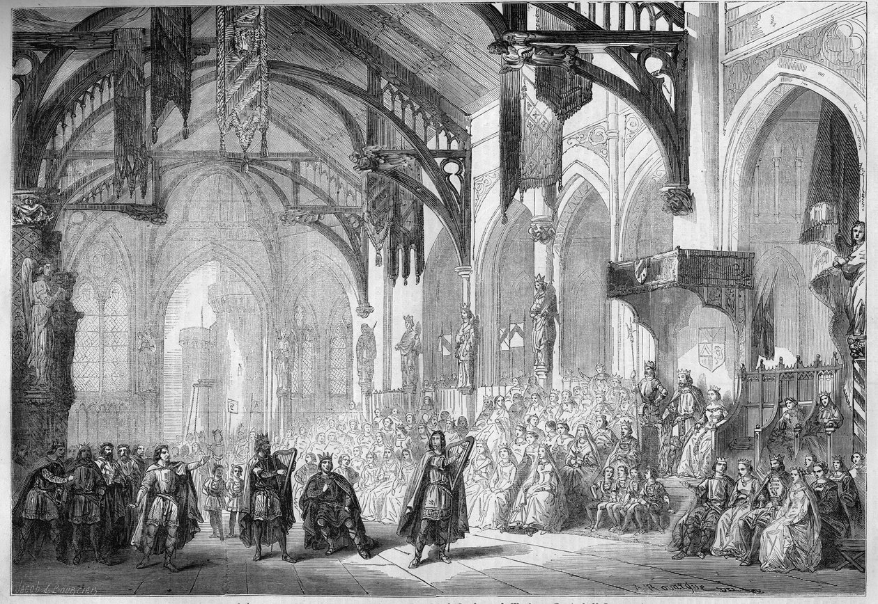 Reprezentace opery: Landgrave Palace ve Wartburgu. Scénografie II. aktu „Tannhauser“ od Richarda Wagnera (1813-1883). Opera de Paris od French School