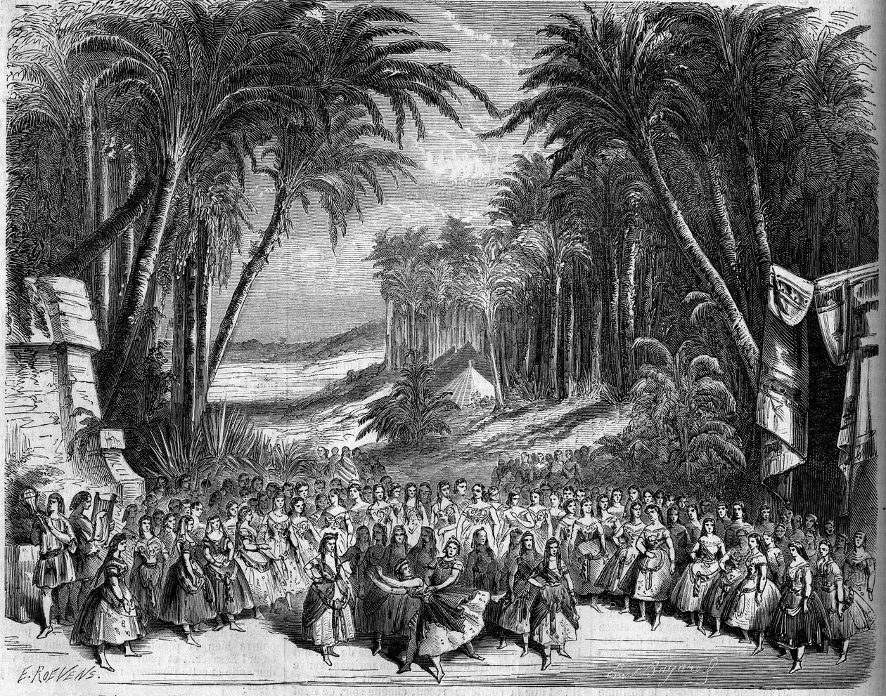 Znázornění opery: Scénografie II. dějství „Královny ze Saby““ na libreto Michela Carreho (1819-1872) a Julese Barbiera (1822-1901) a hudbu Charlese Gounoda (1818-1893). Paříž, Theatre de l