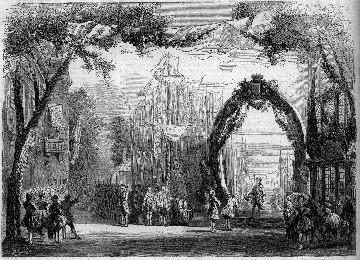 Znázornění opery: Scénografie 1. jednání „Le Chateau Trompette“ na libreto Eugena Cormona (1811-1903) a Michela Carreho (1822-1872) a hudbu Francoise Auguste Gevaerta (1828-1908) ). Paříž, Opera Comique od French School
