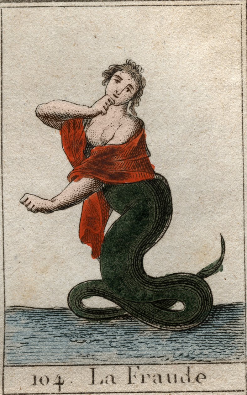 Znázornění podvádění (nečestnosti), jako nebezpečného hada s usměvavou hlavou ženy). Z „Mytologie mládí“ od Pierra Blancharda 1803. od French School