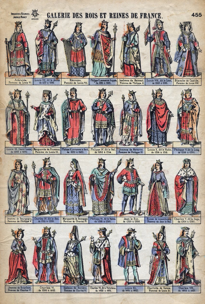 Zastoupení francouzských králů a královen z dynastie Kapetovců (od Ludvíka VII. po Karla VIII.). Ilustrace z konce 19. století. od French School