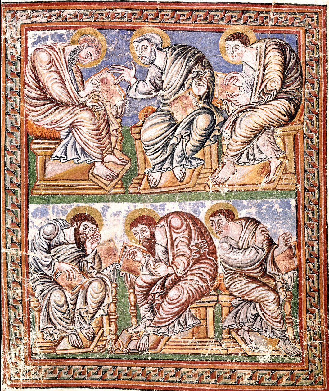 Vyobrazení šesti apotres karolinské miniatury z Remešské školy převzaté z "Collectio Canon Hadriana" (Ms A-5 f. 14 v) (pravděpodobná sbírka decretales redigovaná Incmarem de Reims) Konec 9. století Biblioteca Vallicelliana Řím od French School