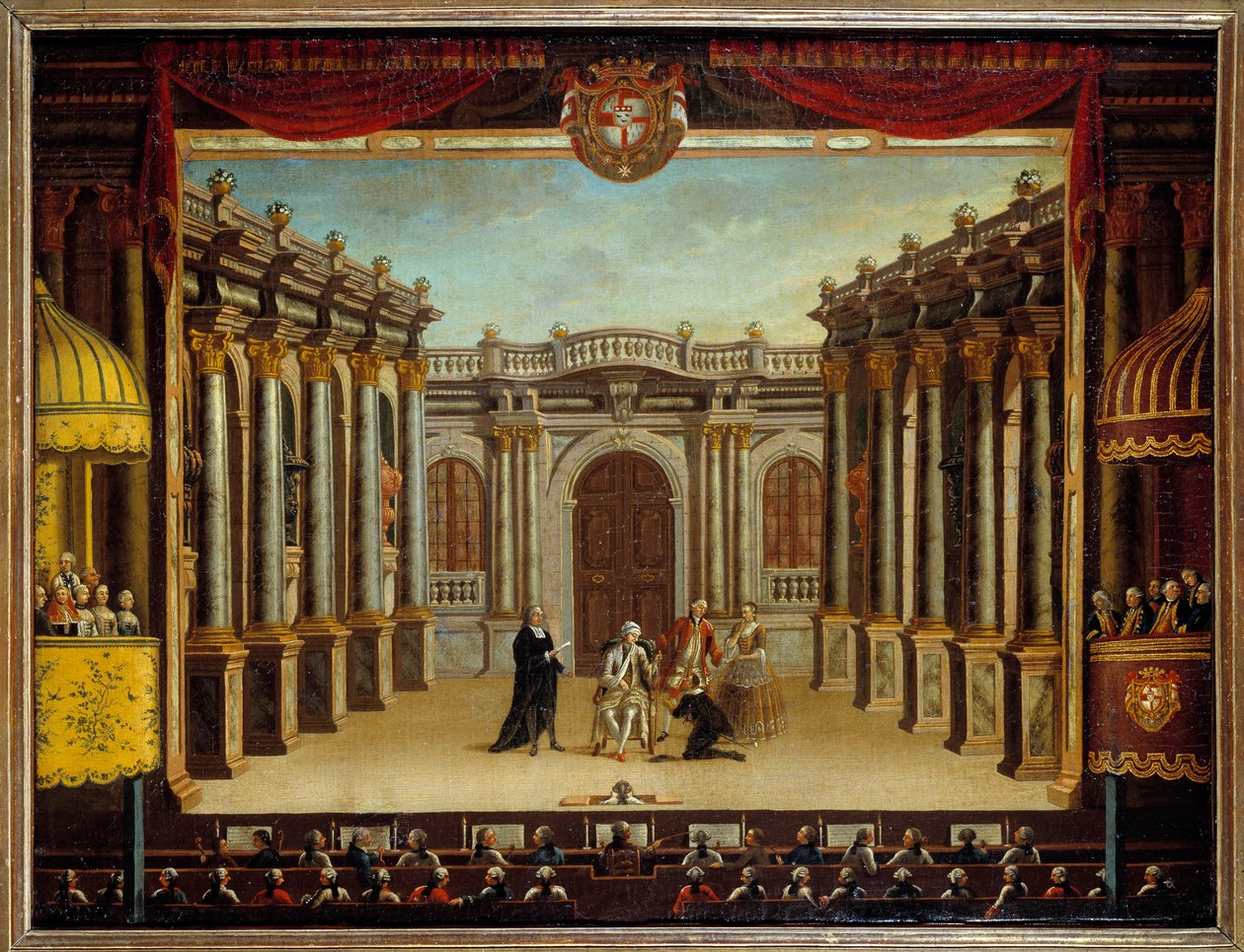 Reprezentace „“Imaginárního maladu“ Jeana Baptista Poquelina dit Moliere (1622-1673) v divadle Minorca, Španělsko; pohled na scénu. Anonymní malování od French School