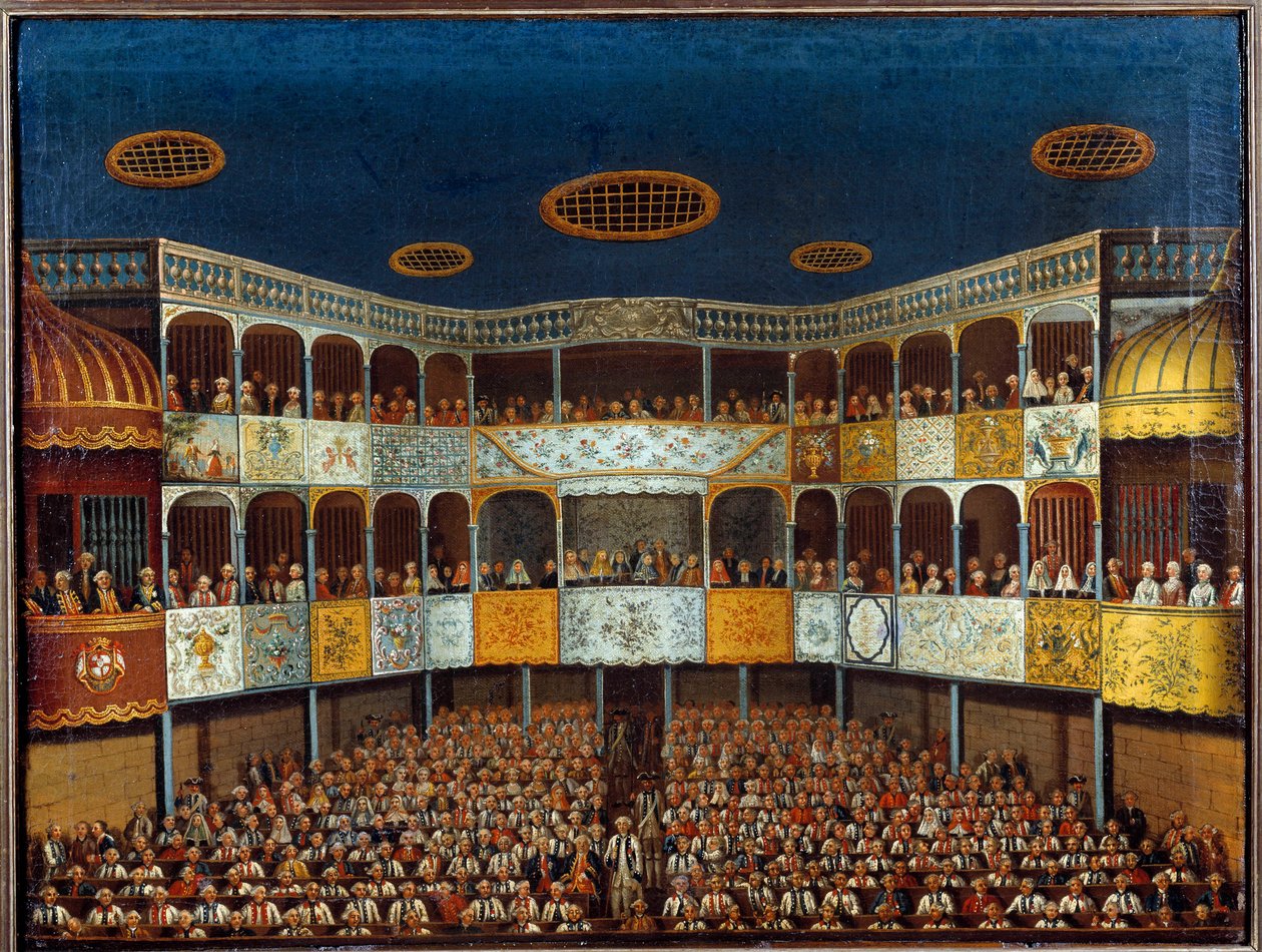 Reprezentace „“Imaginárního maladu“ Jeana Baptista Poquelina dit Moliere (1622-1673) v divadle Minorca ve Španělsku; pohled na sál a publikum. Malířství 18. století. Paříž, dekorativní umění od French School