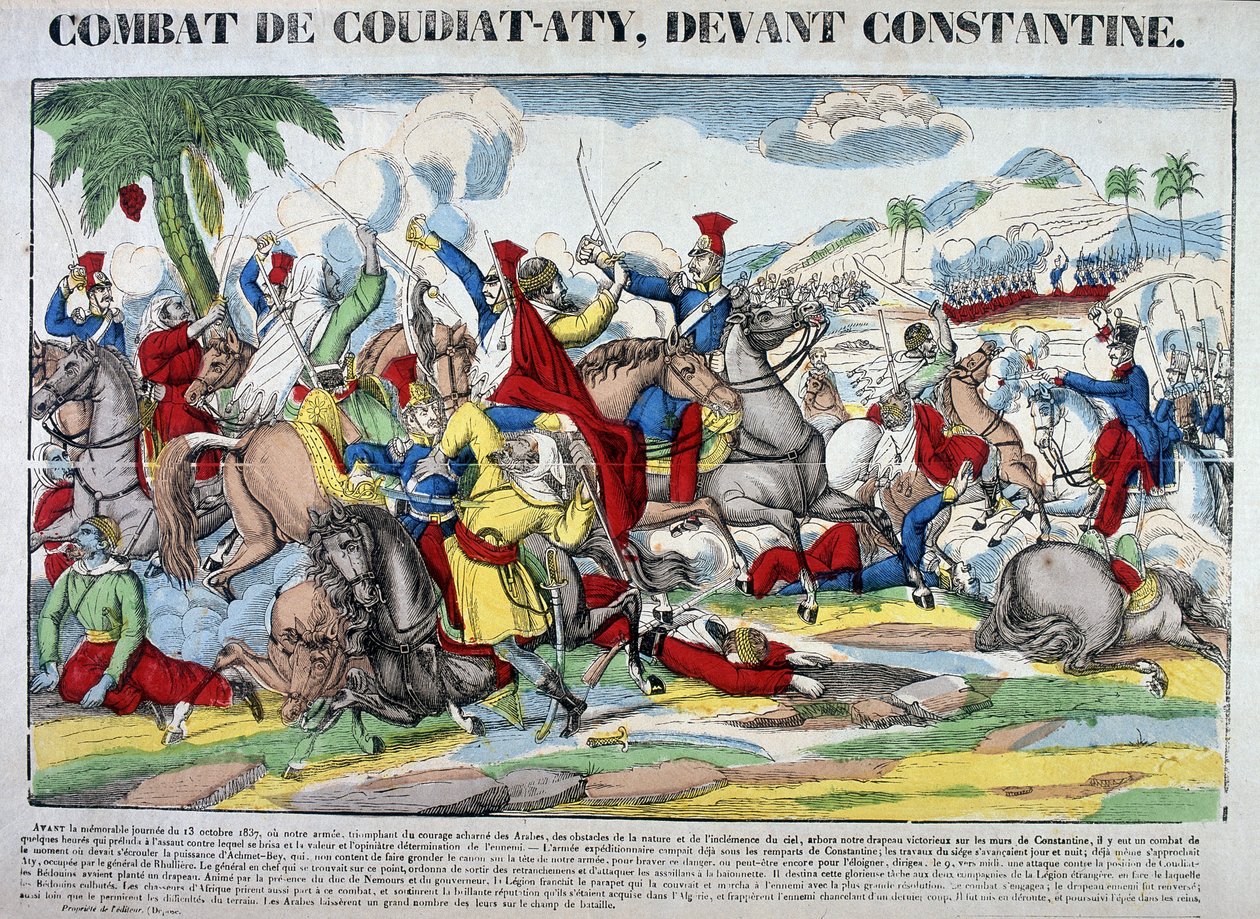 Znázornění bitvy u Coudiat Aty před Konstantinem, která vedla k zajetí Konstantina 13. října 1837. Obrázek Epinal od French School