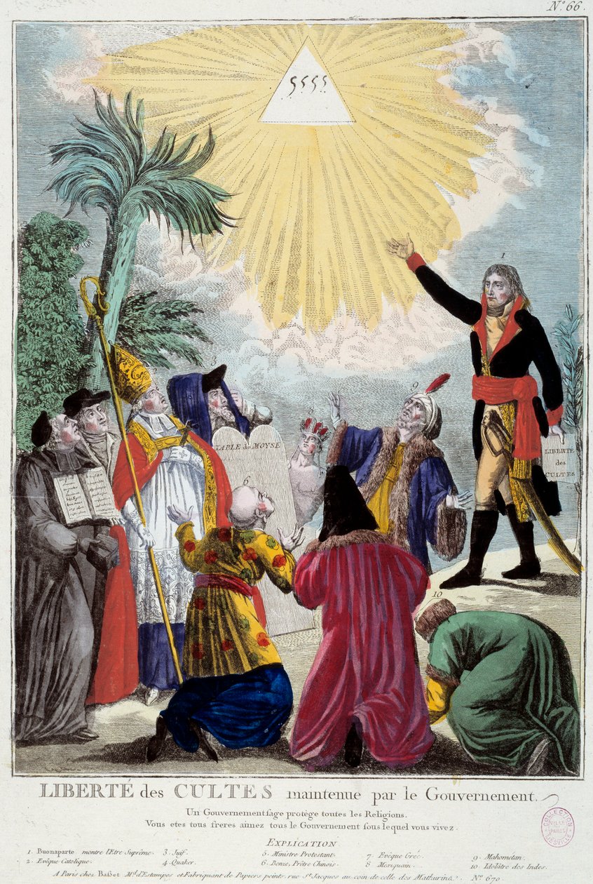 Reprezentace svobody vyznání všech náboženství udržovaná Napoleonem Bonapartem (1769-1821): první konzul označuje trojúhelník Trojice symbolizující Boha přicházejícího zástupci každého náboženství: katolická eveque, žid, kvaker, od French School